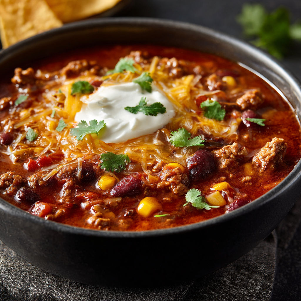 A bowl of chili with a dollop of sour cream on top.