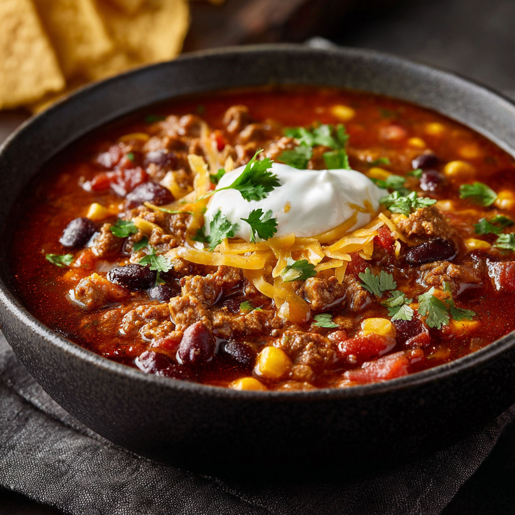 A bowl of chili with a dollop of sour cream on top.