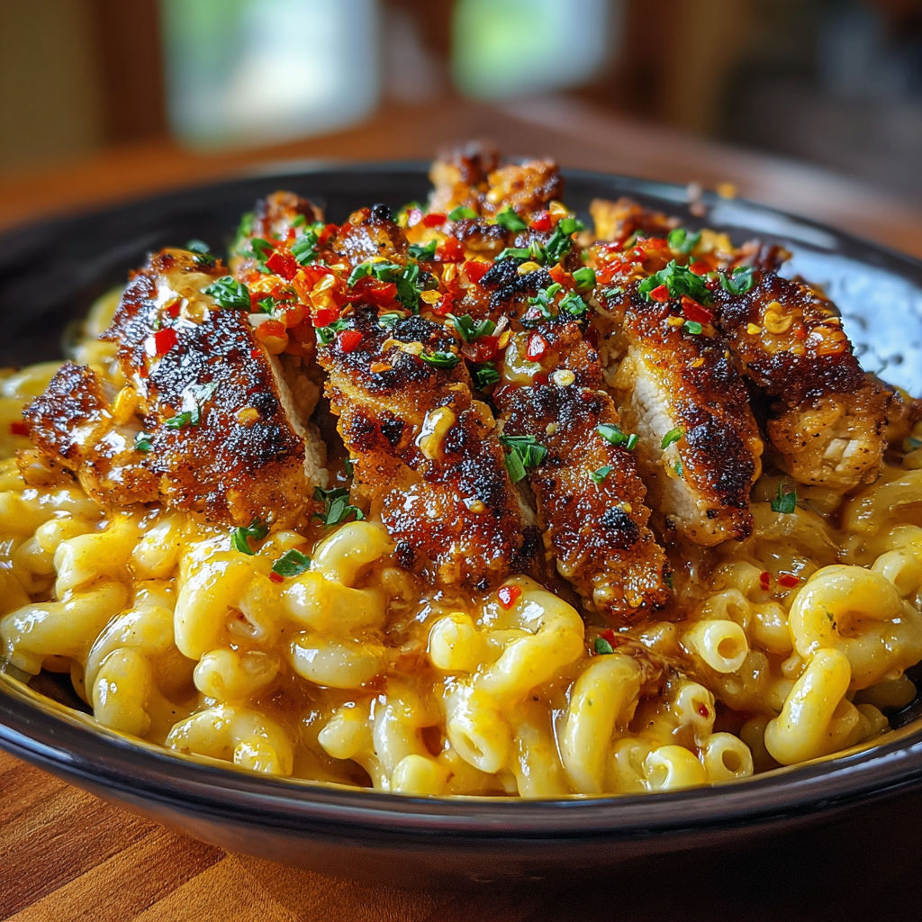 A delicious meal of Spicy Honey Pepper Chicken and Mac and Cheese.