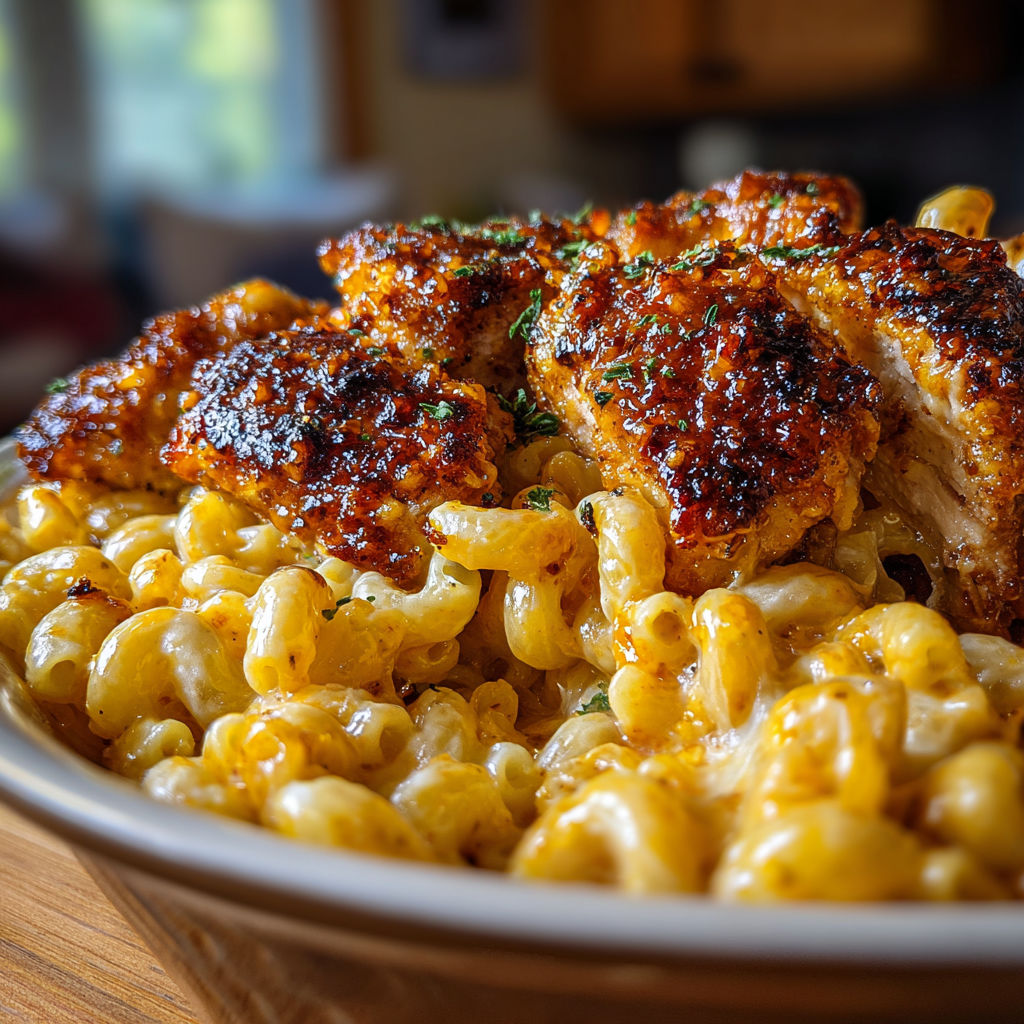A plate of macaroni and cheese with chicken on top.