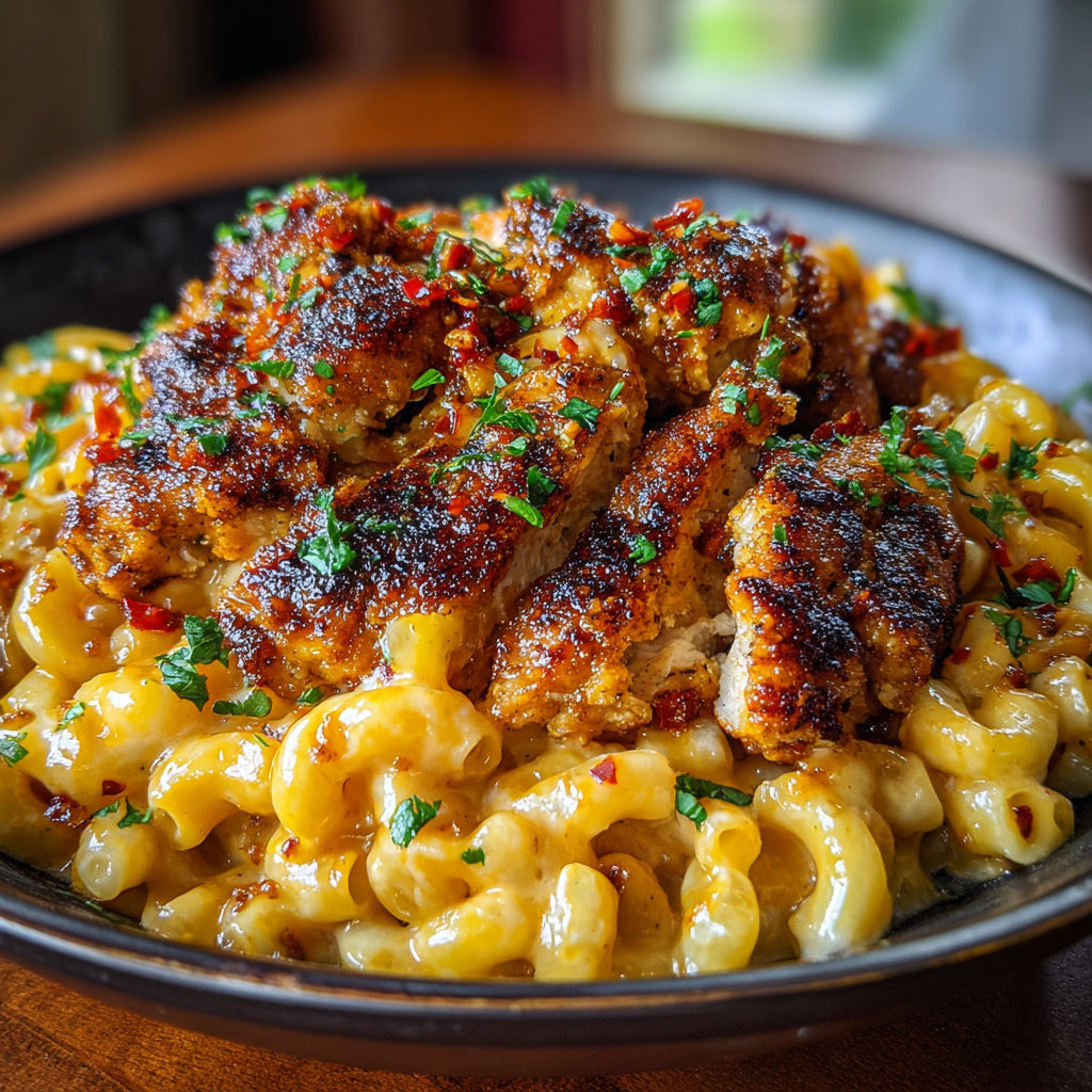 A plate of food with chicken, macaroni, and peppers, served on a wooden table.