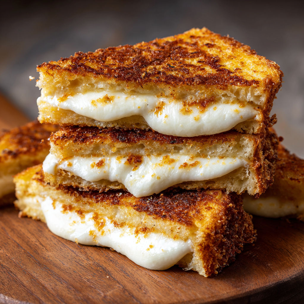 A stack of grilled cheese sandwiches on a wooden cutting board.