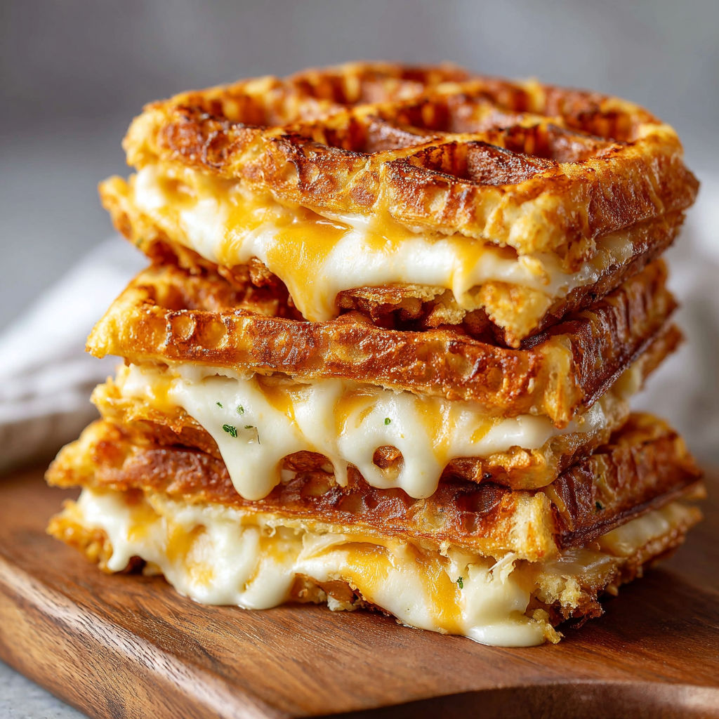 A stack of three grilled cheese sandwiches with a slice of cheese on top.