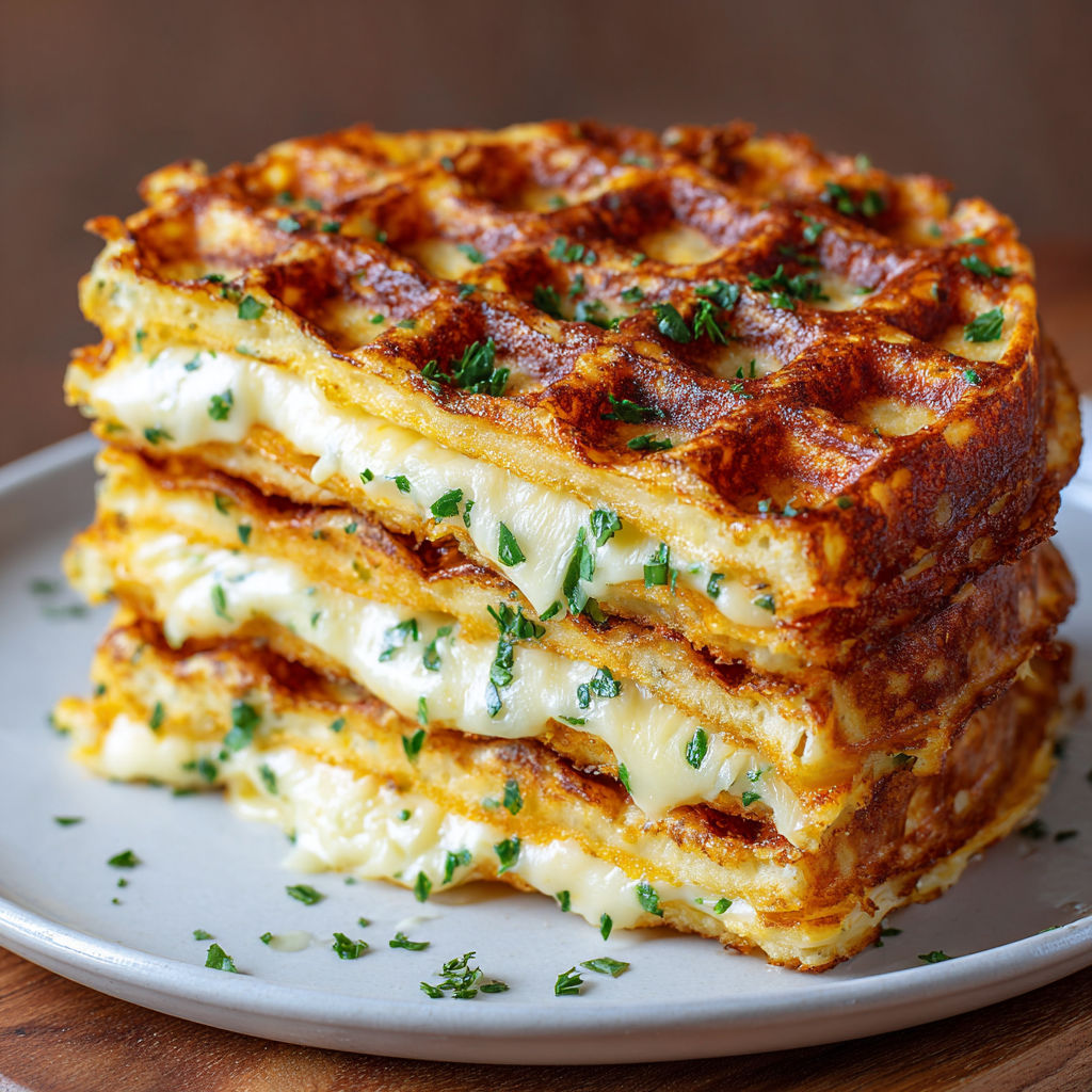 A stack of waffles with cheese and herbs on top, ready to be cooked.