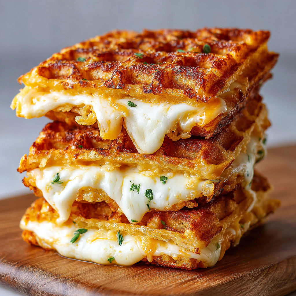 A stack of four cheese and herb waffle sandwiches.