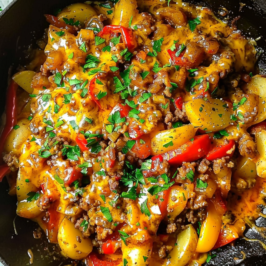 A delicious meal of meat and vegetables, including potatoes and peppers, cooked in a skillet.