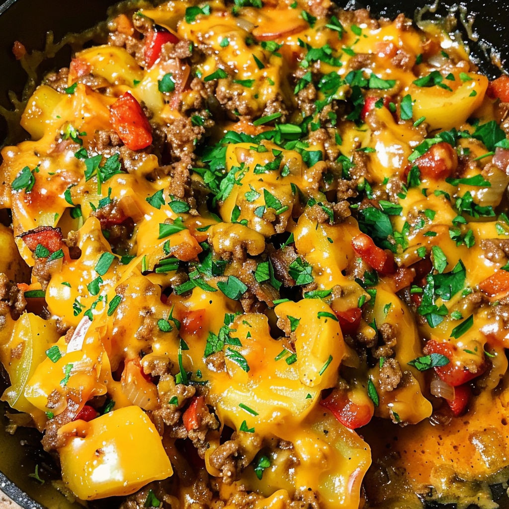 A delicious meal of beef and vegetables, including tomatoes and peppers, cooked in a skillet.