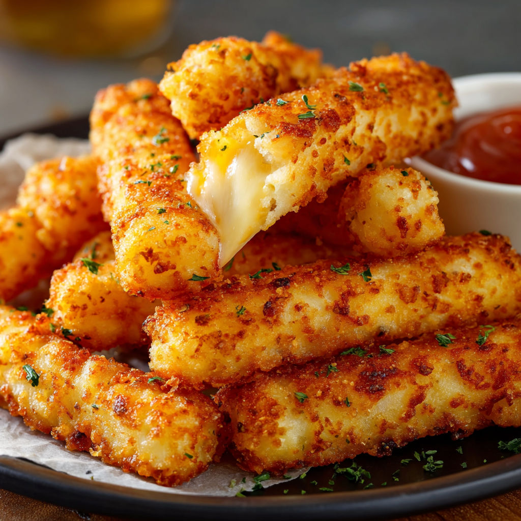 A plate of cheese sticks with a dipping sauce.