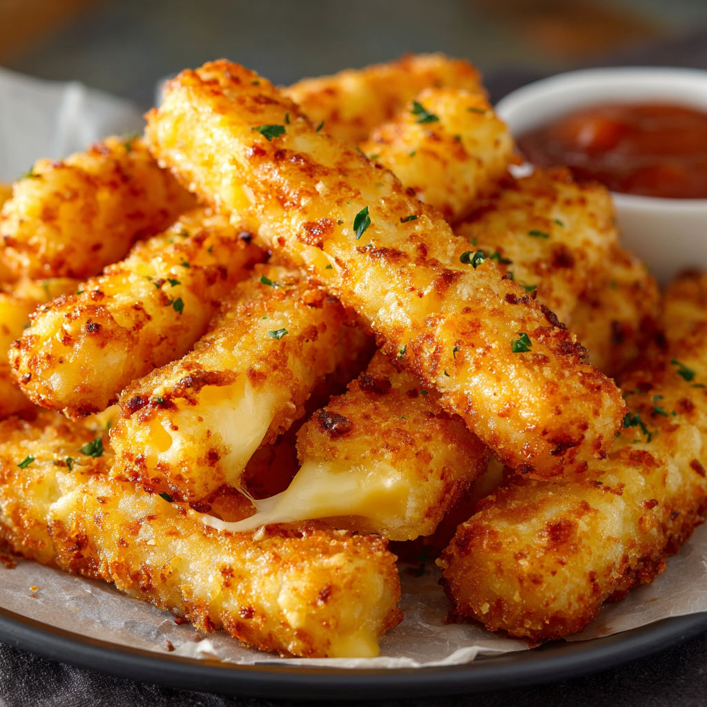 A plate of cheese sticks with a dipping sauce.