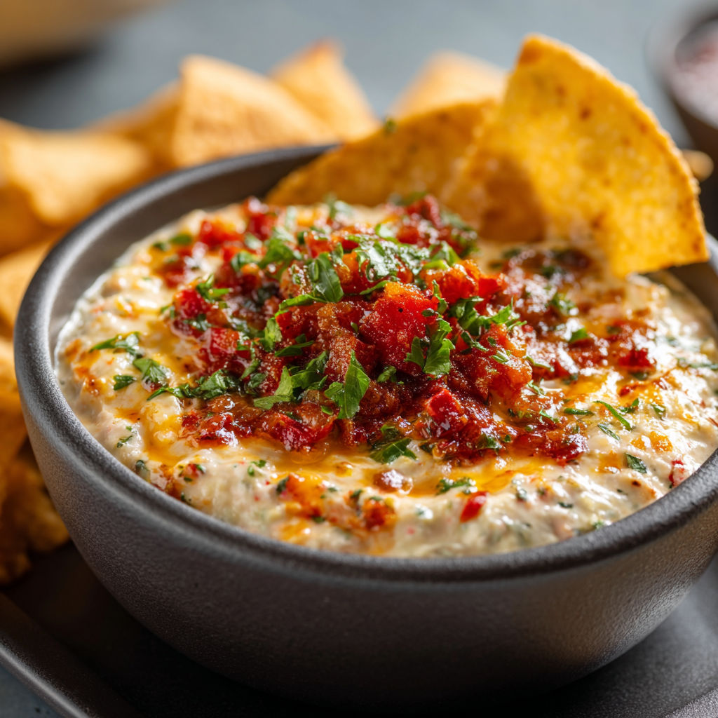 A bowl of bacon and cheese dip with chips on the side.