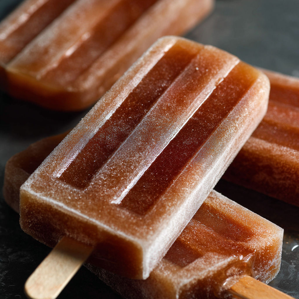 A close up of a delicious root beer popsicle.