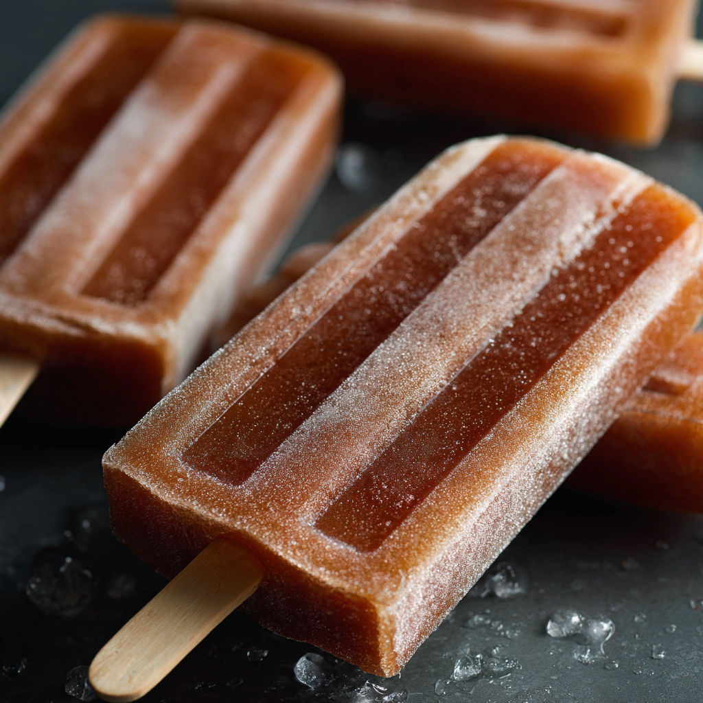 A close up of a delicious root beer popsicle.