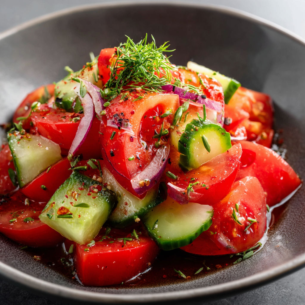 A bowl of fresh vegetables, including tomatoes, cucumbers, and onions, is served with a flavorful sauce.