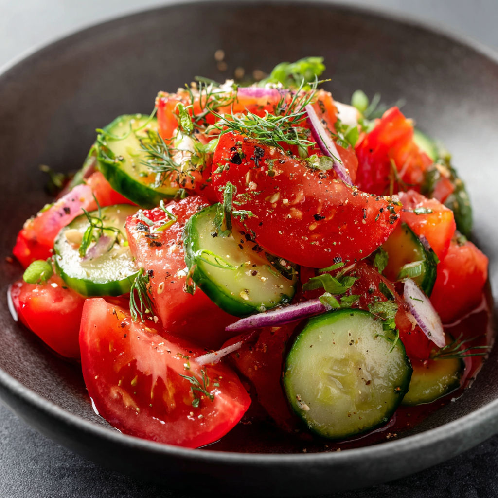A bowl of fresh vegetables, including tomatoes, cucumbers, and onions, is served on a table.