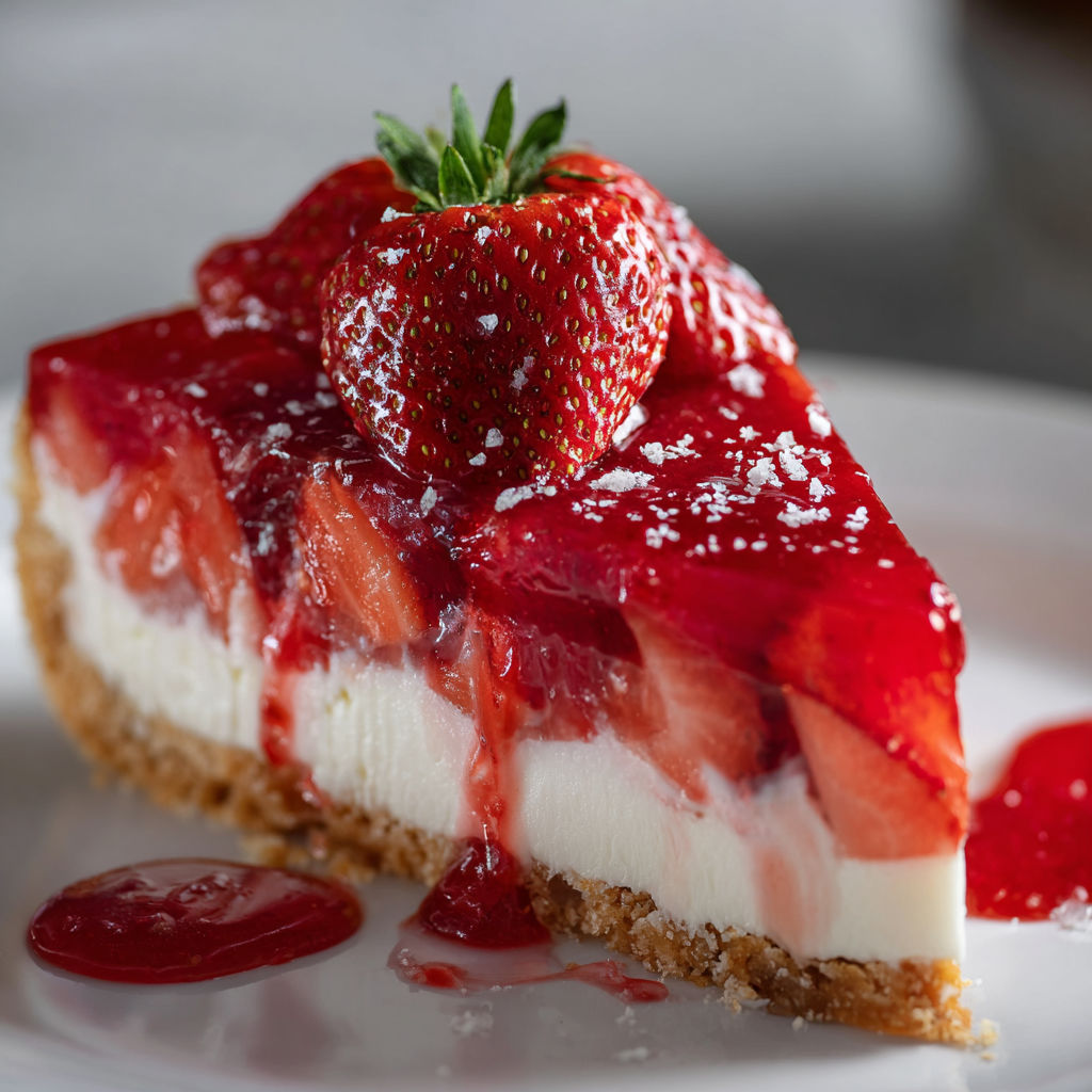 A slice of strawberry cheesecake with a drizzle of raspberry sauce on a white plate.