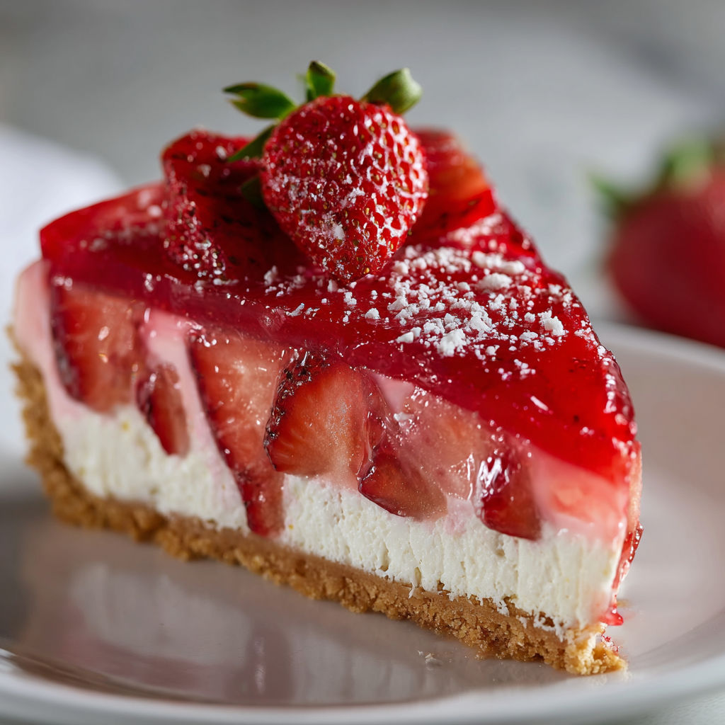 A slice of strawberry cheesecake with a strawberry on top.