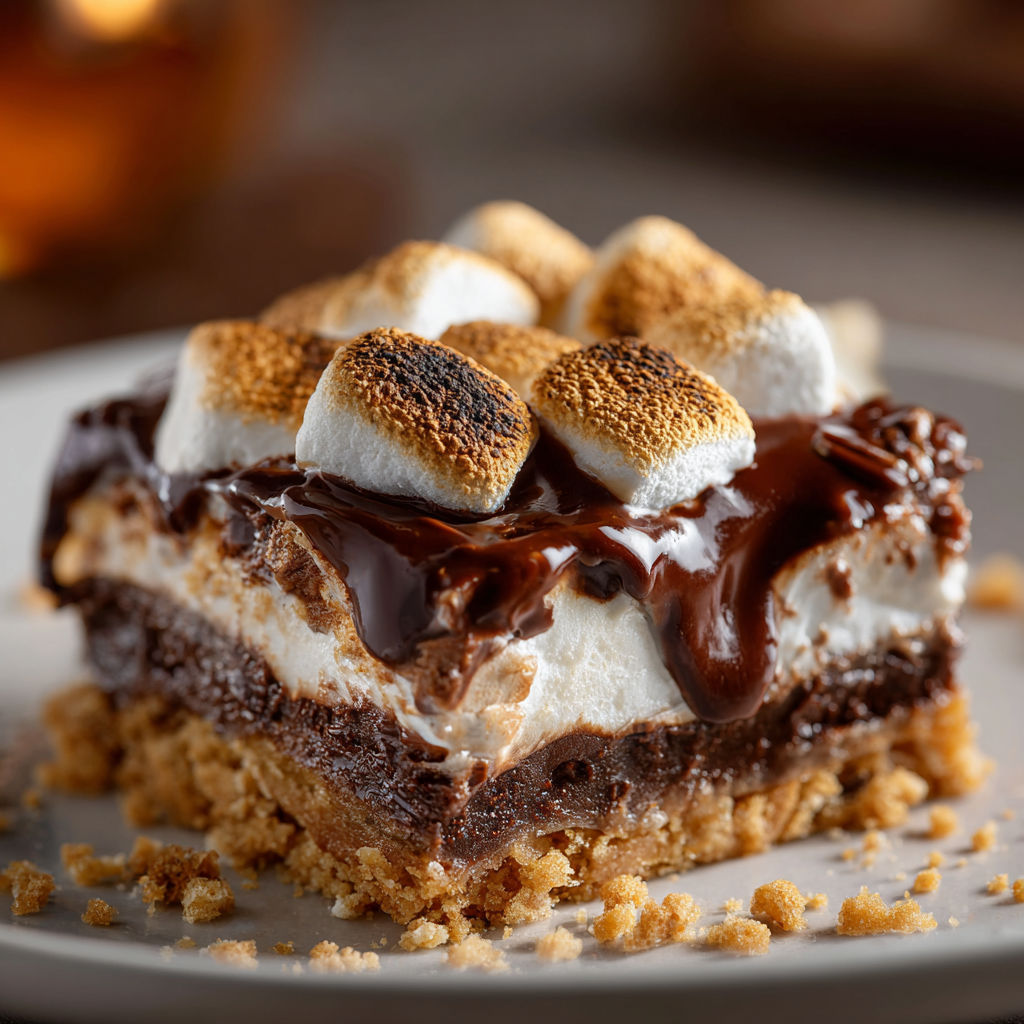 A slice of chocolate cake with marshmallows and chocolate drizzle, topped with a marshmallow.