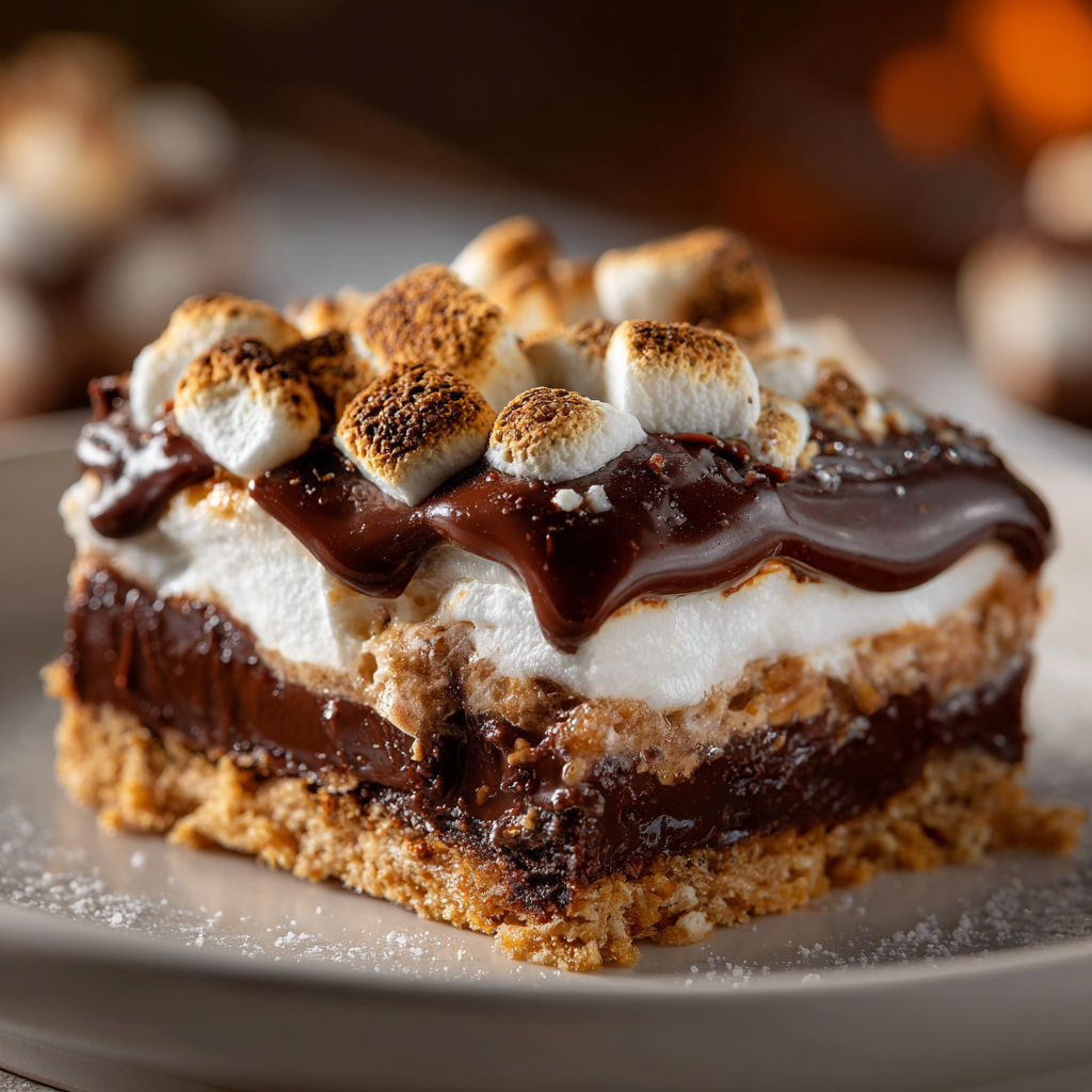 A slice of chocolate cake with marshmallows on top, sitting on a plate.
