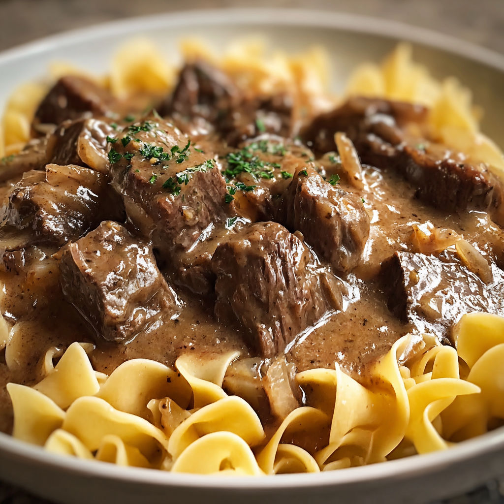 A bowl of beef tips and noodles, served in a crockpot.