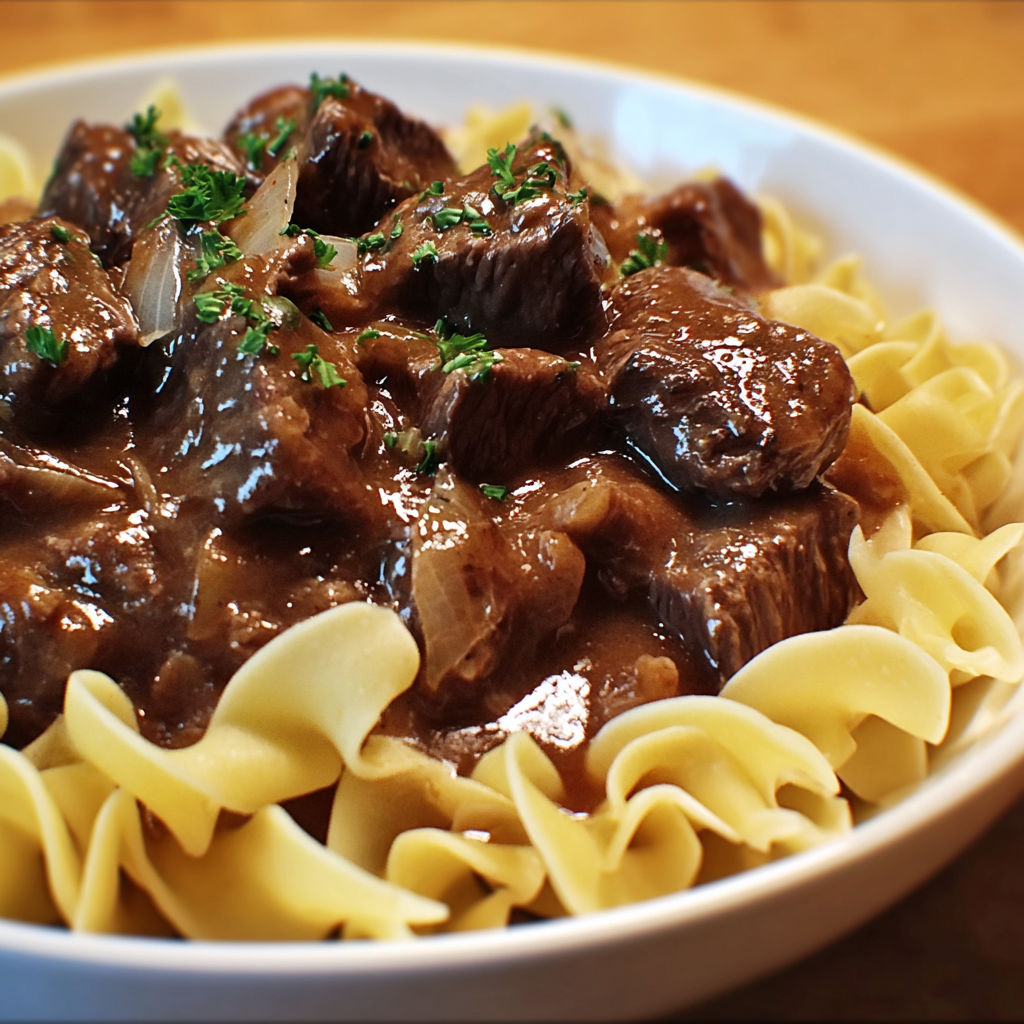 A bowl of beef stew with noodles and onions.