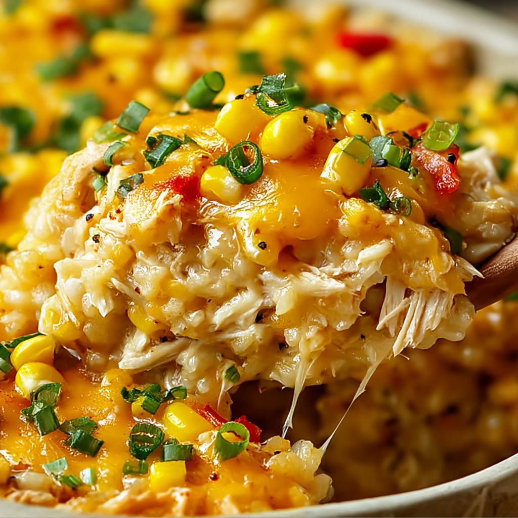 A close up of a delicious street corn chicken casserole, with a wooden spoon ready to serve.