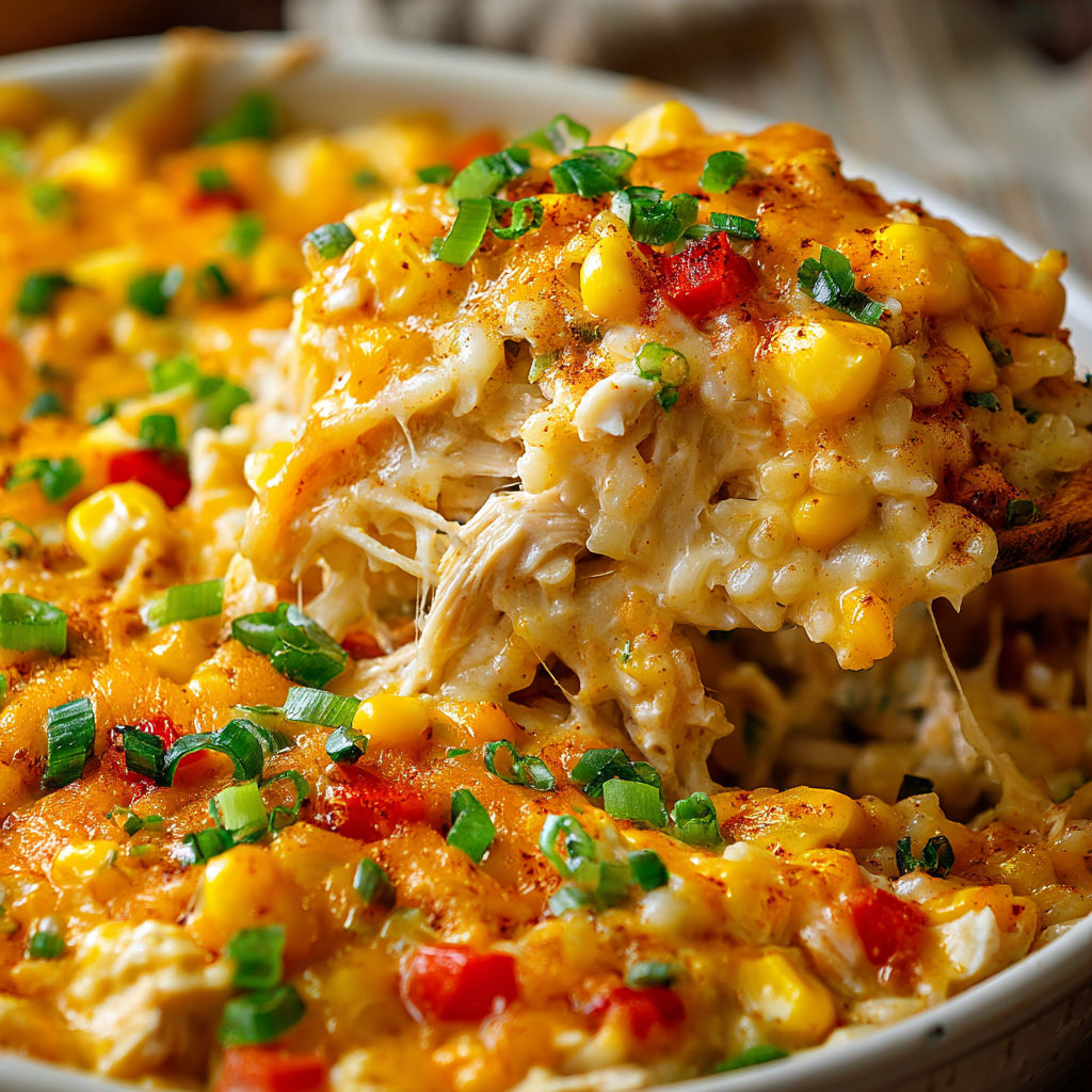 A bowl of chicken and corn casserole with green onions on top.