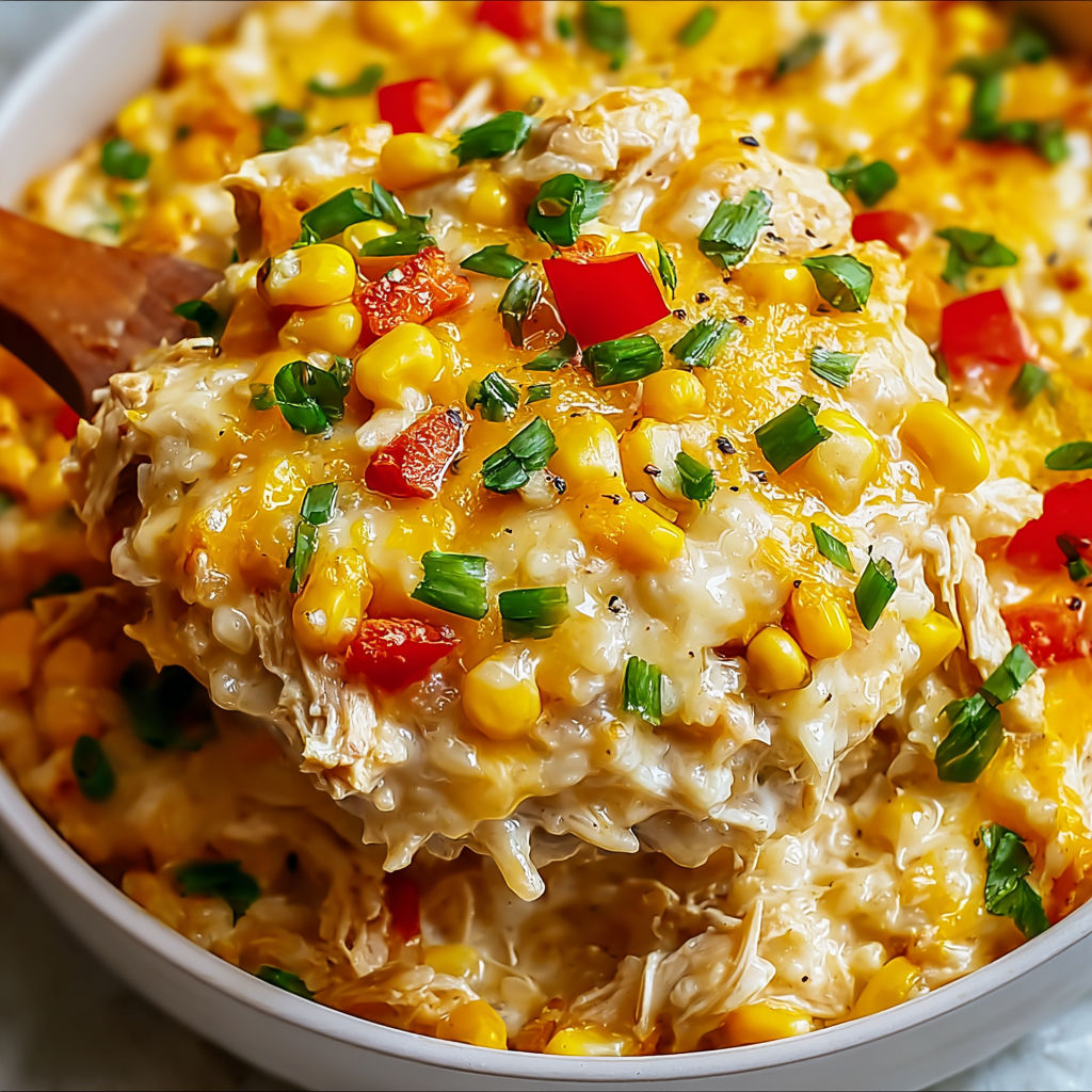 A bowl of chicken and corn casserole with green onions on top.