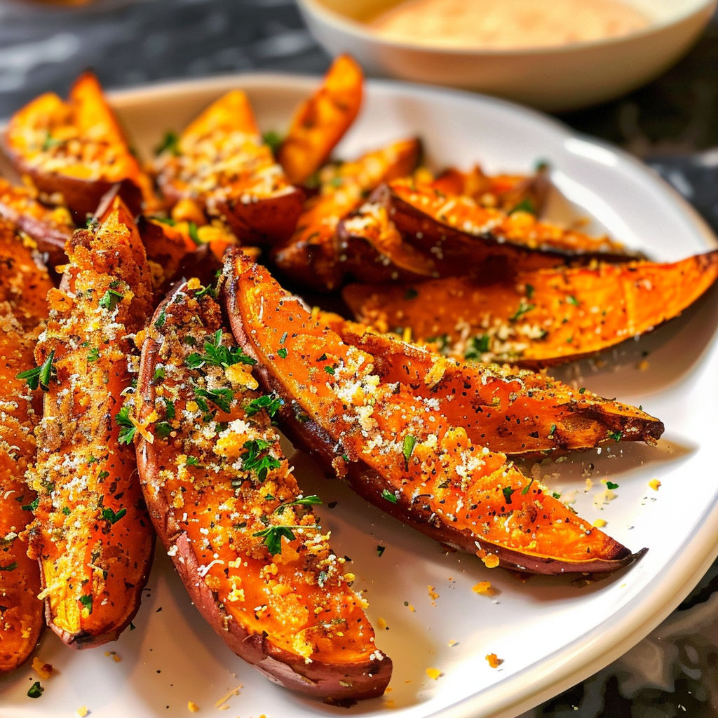 A plate of garlic Parmesan sweet wedges, ready to be enjoyed.
