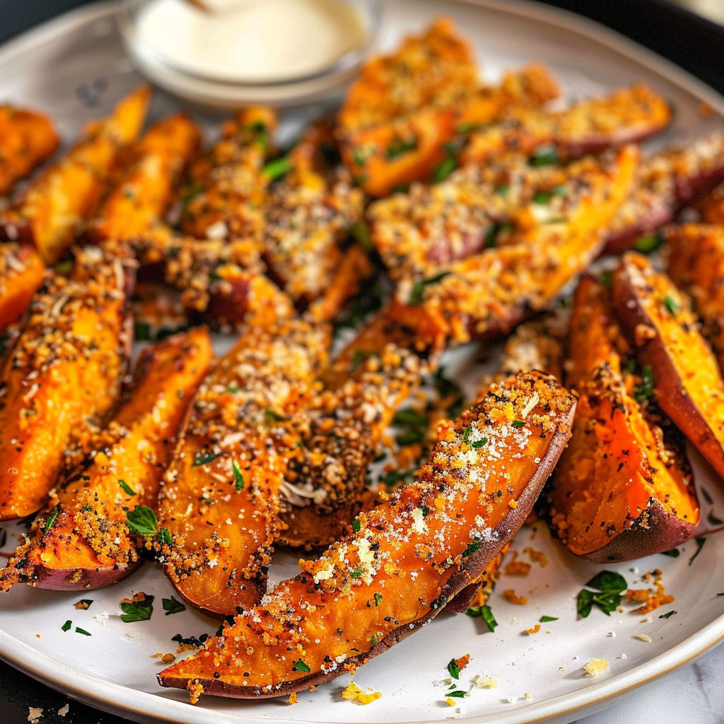 A plate of roasted sweet potatoes with seasonings and a dollop of sour cream.