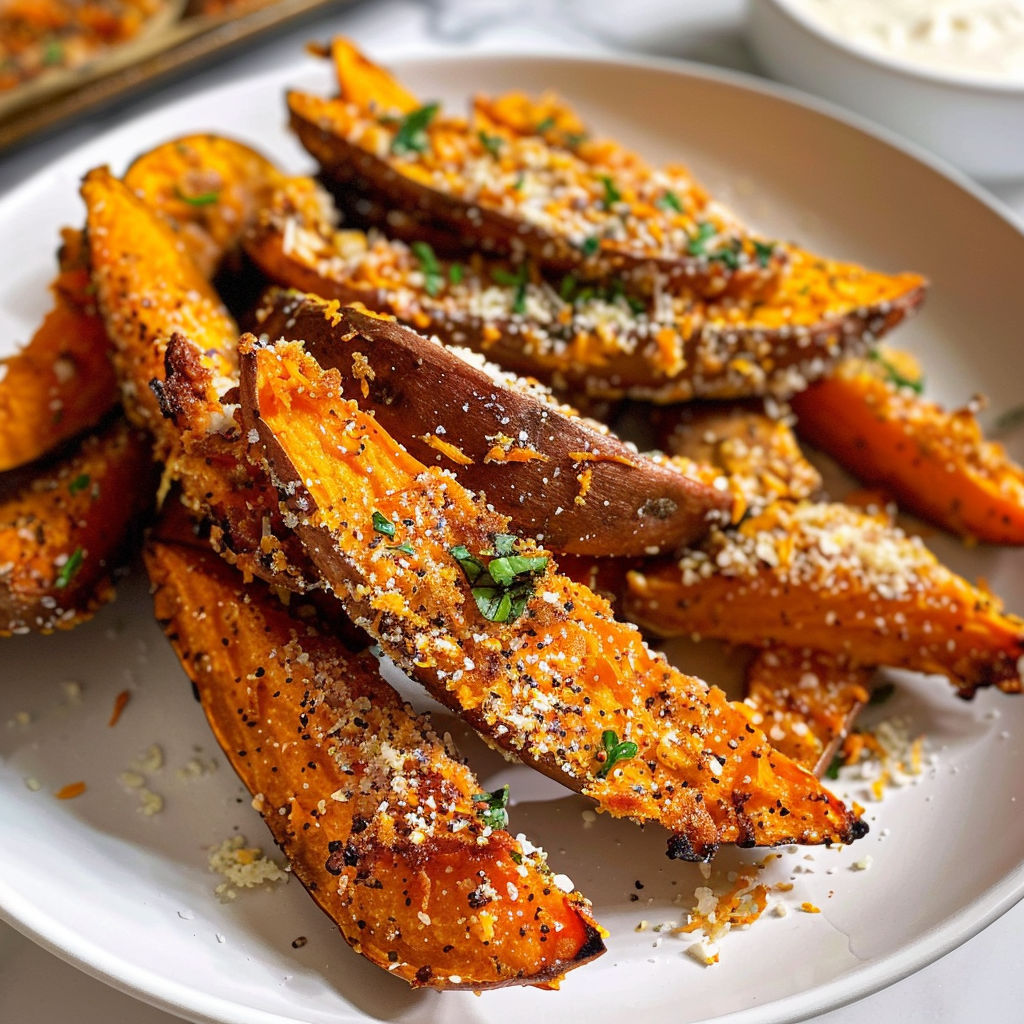 A plate of roasted sweet potatoes with seasoning on top.