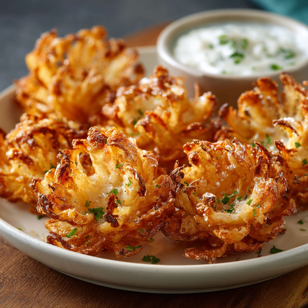 A plate of fried onion rings with a side of sour cream.