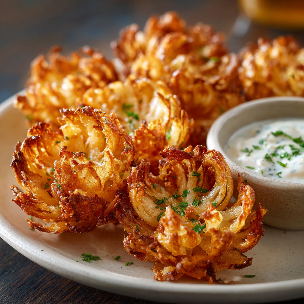A plate of fried onions with a bowl of dipping sauce.
