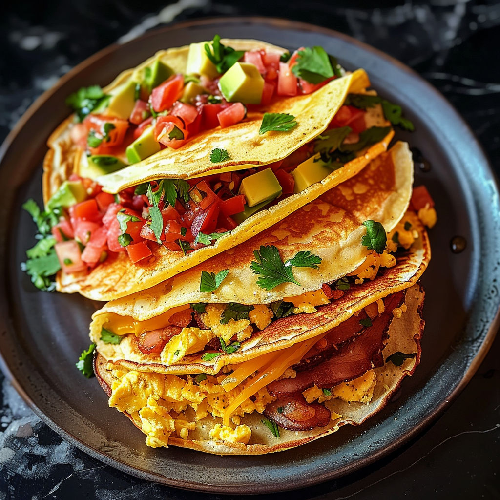A stack of three pancakes with eggs and avocado on top.