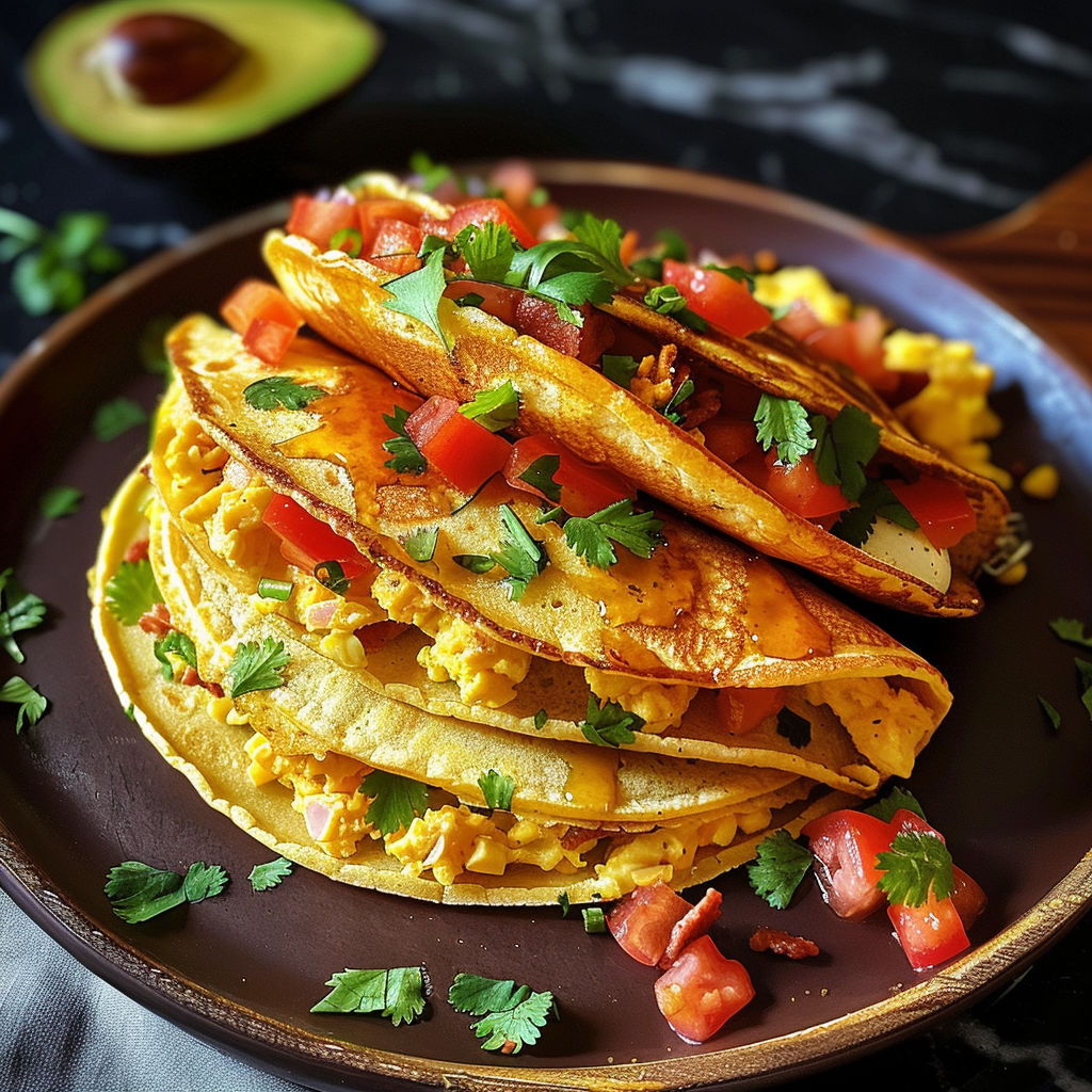A plate of Mexican food, including a stack of tortillas and a fried egg, sits on a table.