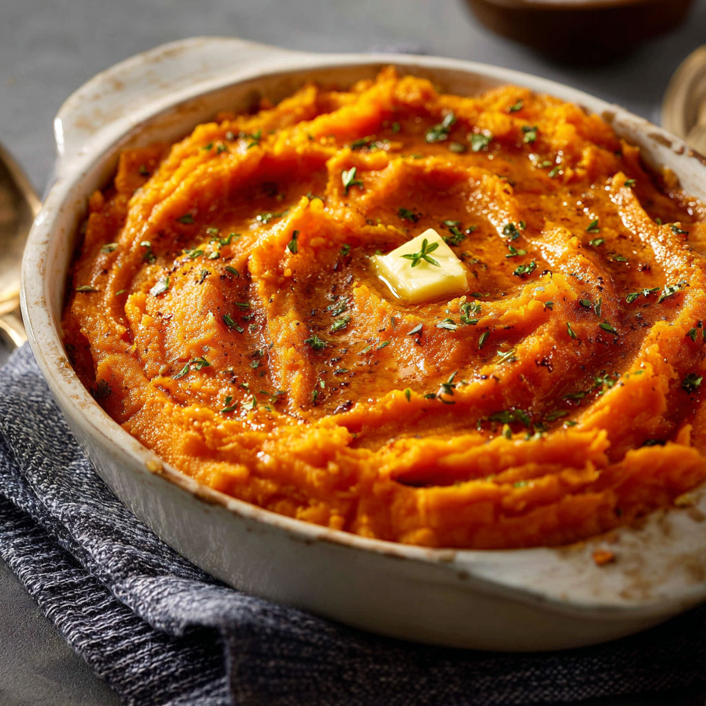 A dish of sweet potatoes with a dollop of butter and honey on top.