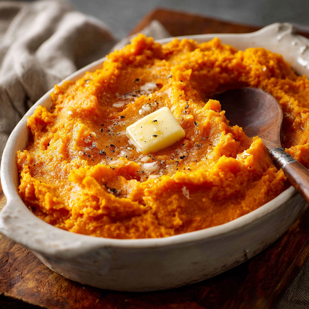 A bowl of mashed sweet potatoes with a spoon in it.