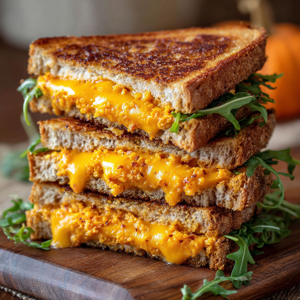 A stack of three grilled cheese sandwiches with a slice of pumpkin on top.