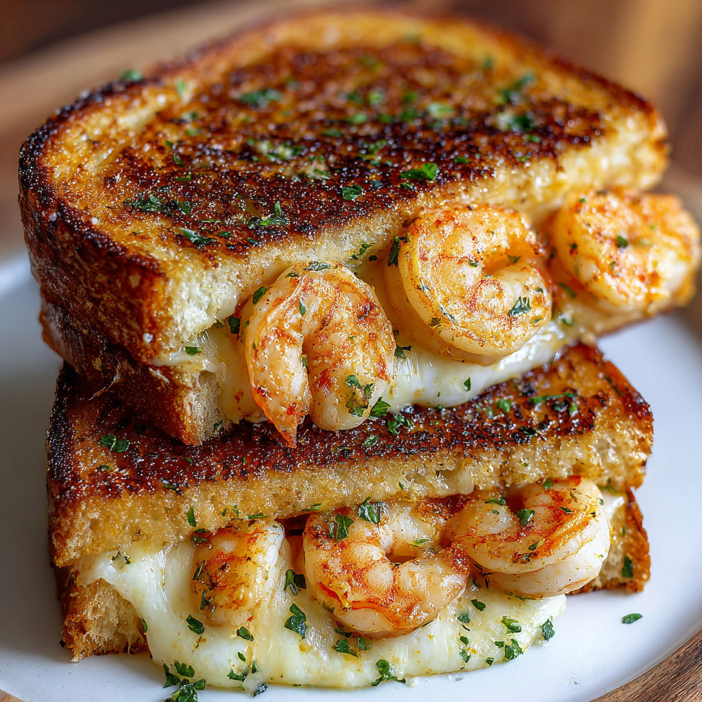 A sandwich with shrimp and cheese on a white plate.