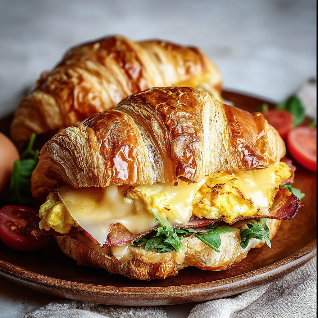 A delicious croissant breakfast sandwich is served on a plate.