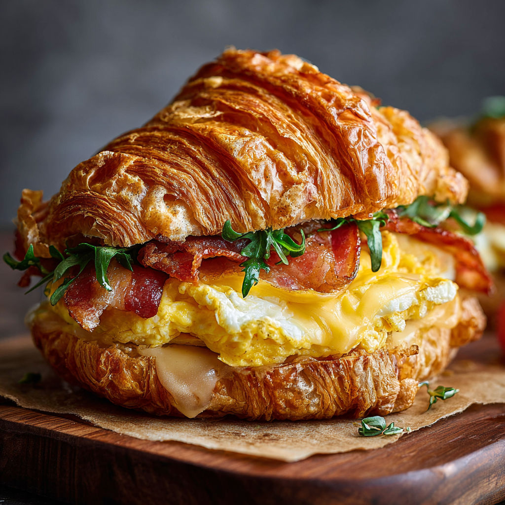 A delicious bacon and egg sandwich is served on a wooden cutting board.