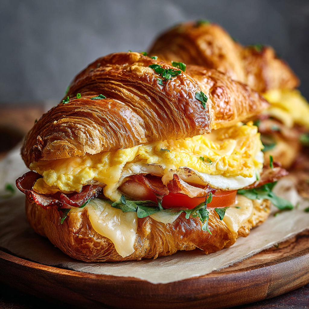 A delicious breakfast sandwich made with eggs, bacon, and cheese, served on a wooden cutting board.