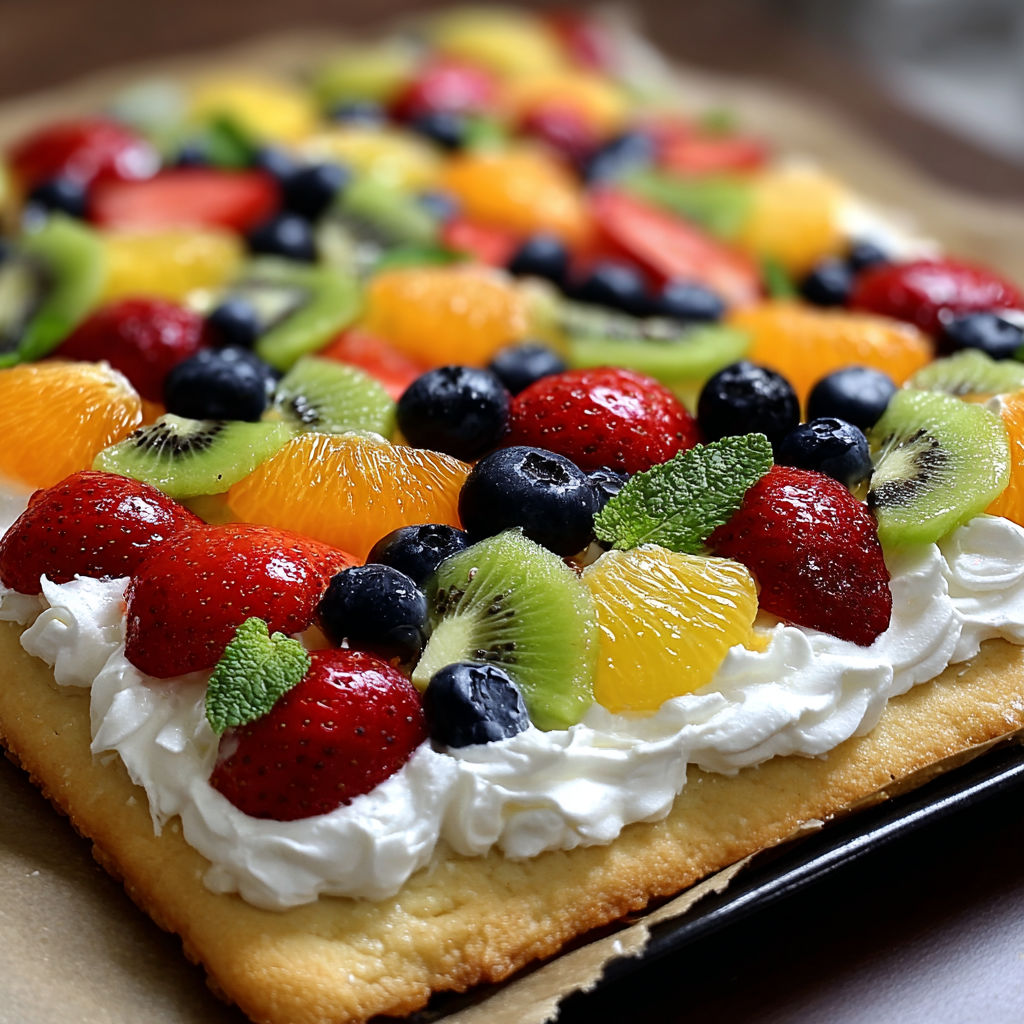 A colorful fruit pizza with a variety of fruits and whipped cream on top.