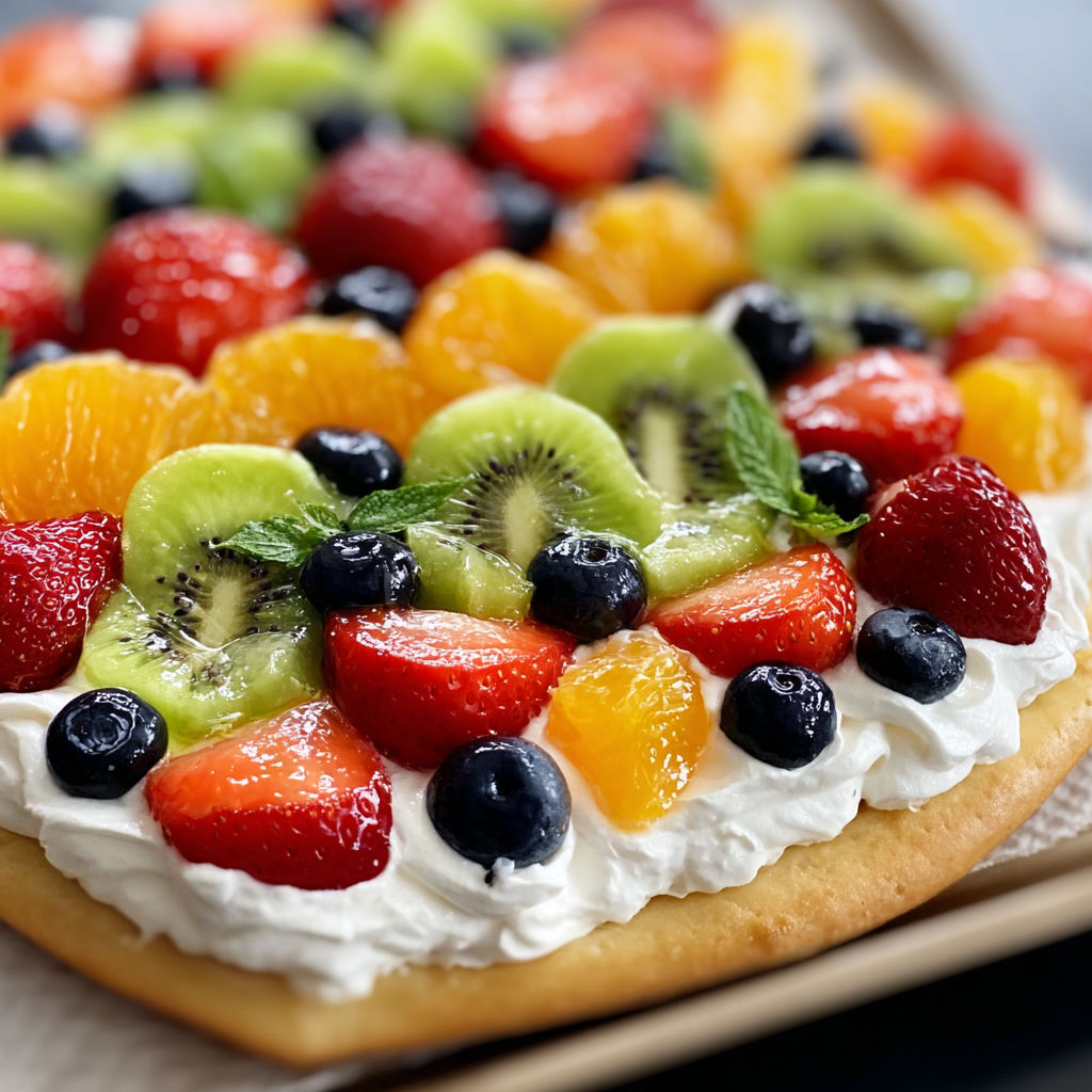 A colorful fruit salad with kiwi, strawberries, blueberries, and oranges, topped with whipped cream.