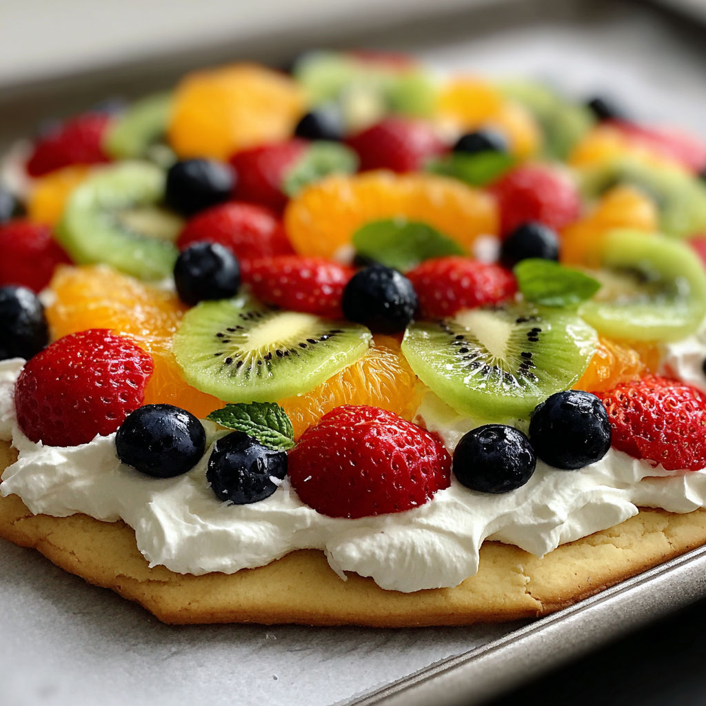 A fruit and cream dessert is displayed on a tray, featuring a variety of fruits such as kiwi, strawberries, blueberries, and oranges.