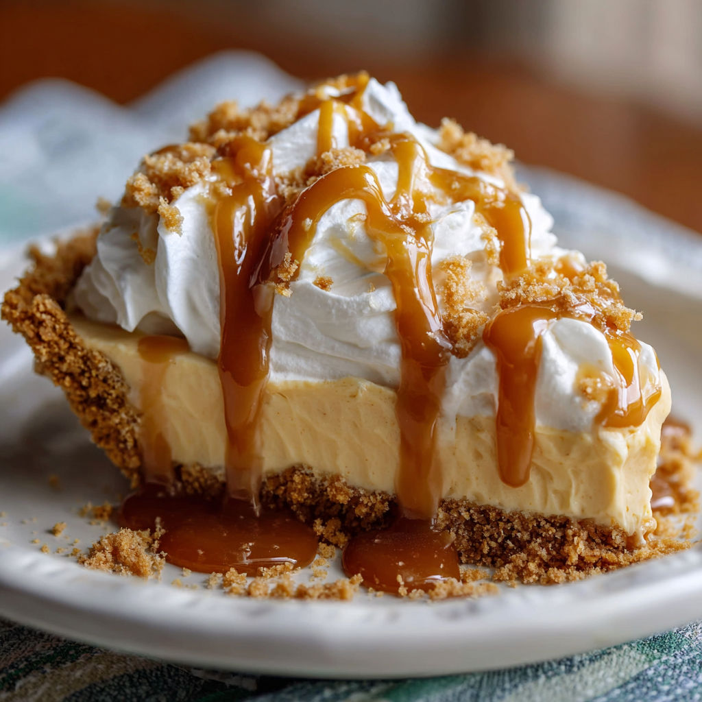 A slice of Butterscotch Heaven Pie with caramel drizzle on a white plate.