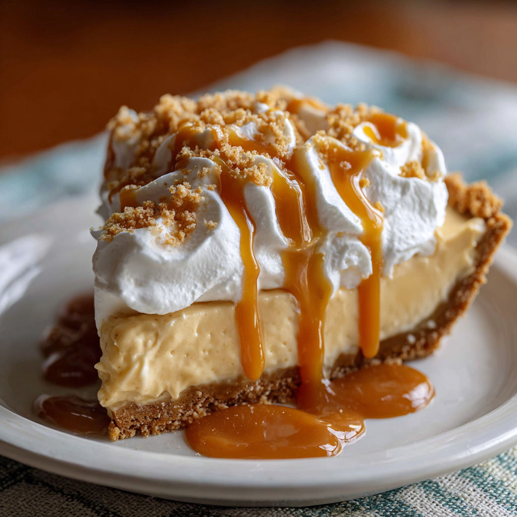 A slice of pie with a drizzle of caramel sauce on top, served on a white plate.