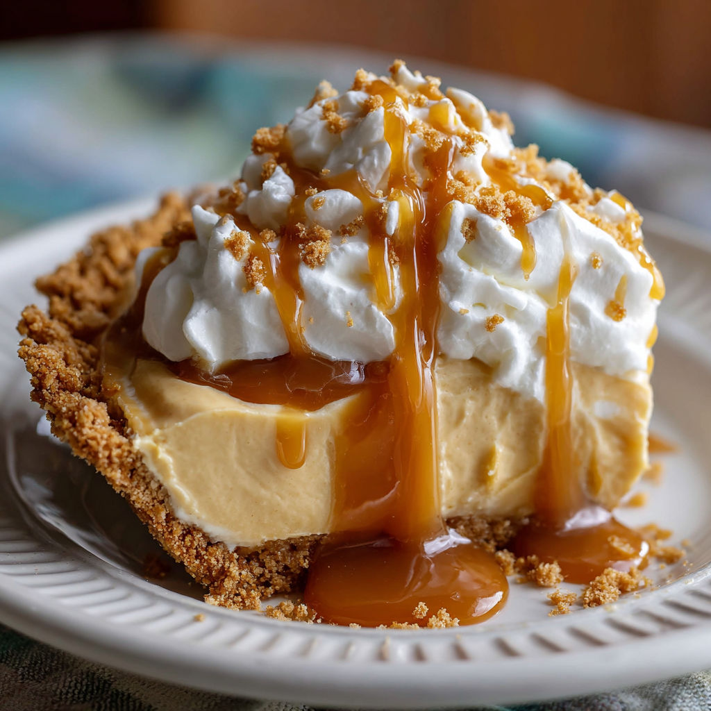 A slice of pie with caramel sauce drizzled over it.