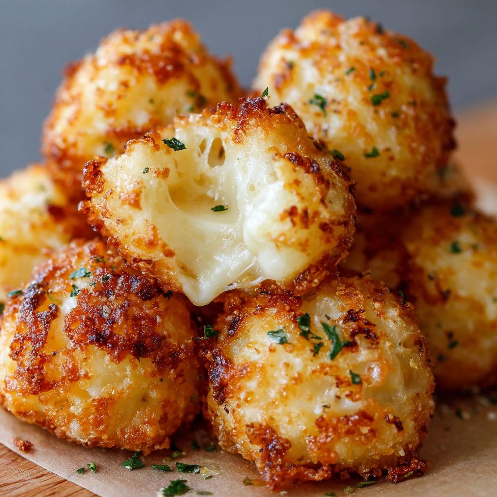 A stack of cheesy mozzarella bites on a wooden cutting board.