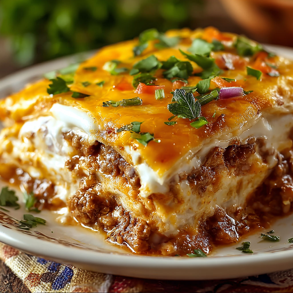A delicious Baked Burrito Casserole is served on a white plate.