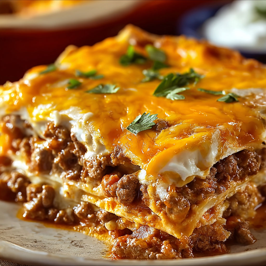 A delicious chicken enchilada casserole is served on a plate.